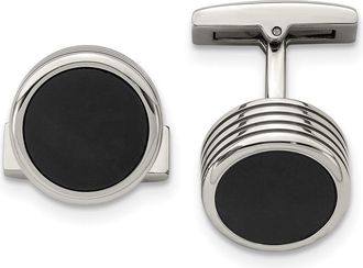 Diamond2Deal Stainless Steel Polished Grooved Round Black IP-plated Cufflinks