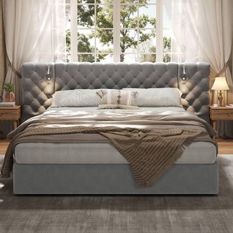 Matteo King Size Velvet Upholstered Bed - Hydraulic Storage & Reading Light in Grey