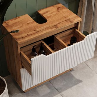 Vicco Mueble Bajo Lavabo Lotta, Roble/rayas Blancas, 59.8 X 62.5 Cm Con 2 Cajones, Vicco