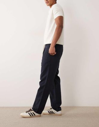 Mango Pantaloni dritti blu navy in misto lino con coulisse