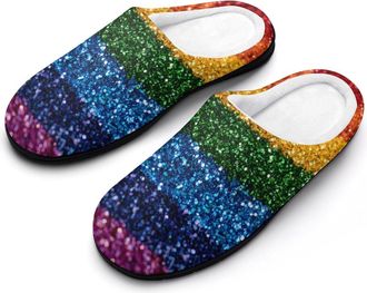 Generic LGBT Rainbow Flag Glitter Funny Mens Cotton Slippers Soft Non-Slip Rubber Sole House Slipper Indoor Outdoor
