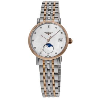 Longines Elegant Collection Automatic Moonphase 30mm Mother of Pearl Diamond Dial Two-Tone Rose Gold Cap & Steel Womens Watch L4.330.5.87.7