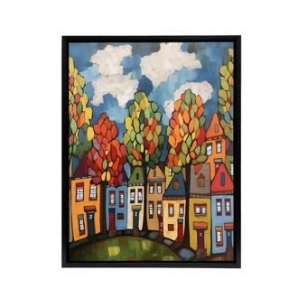 Artery8 Colourful Cityscape With Autumn Trees Framed Canvas Wall Art Print | Size: W24 x H32