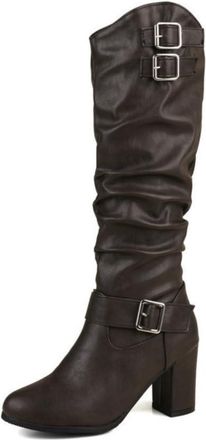 Generic Womens Slouch Knee High Boots with Buckle Straps, Chunky Block Heel & Round Toe, for Work and Casual Wear,Plus Size,Dark Brown,5.5 UK