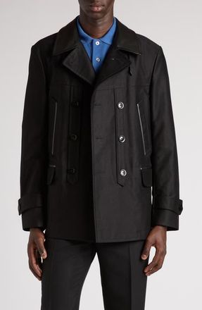 Tom Ford Leather Trimmed Brushed Cotton Satin Peacoat in Black at Nordstrom, Size 46 Us