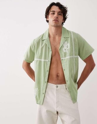 South Beach Camicia da spiaggia kaki ricamata con cactus-Verde