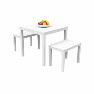 Dmora Dmora - Sal&oacute;n De Jard&iacute;n Dkabash, Conjunto De Jard&iacute;n Con 1 Mesa Cuadrada Y 2 Bancos, Pic Nic Para Interior Y Exterior, 100% Made In Italy, Blanco