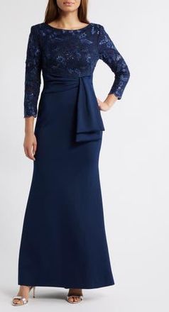 Eliza J Sequin Lace Bodice Trumpet Gown in Navy at Nordstrom Rack, Size 6