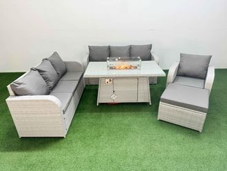Fimous 8 Seater Poly Rattan Outdoor Garden Furniture Firepit Dining Table Sofa Set Patio 3 Seater Sofa Reclining Chair 3 Seater Sofa Big Footstool