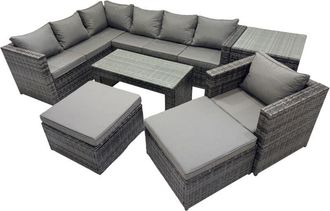 Fimous Fimous 7 Pieces Outdoor PE Rattan Garden Furniture Corner Sofa Oblong Coffee Table Set with Cushions 2 Big Footstools Side Table Dark Grey Mixed
