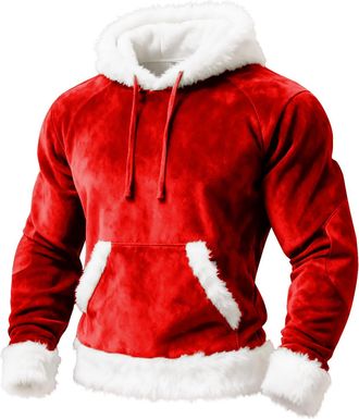 Generic Christmas Jumpers for Men Plush Stitching Mens Hoodies Patchwork Color Velvet Oversized Long Sleeve Pullover Loose Fit Hooded Sports Mens Sweatshirt (