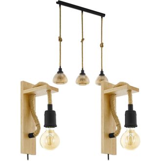 Loops Linear Ceiling Pendant & 2x Matching Wall Lights Black Rope & Amber Glass Shade