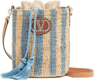 Valentino Tassen, Dames, Veelkleurig, ONE Size, Kleine Bucket Bag van Gestreepte Raffia
