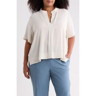 Eileen Fisher Split Neck Silk Short Sleeve Top in Plstr at Nordstrom, Size 1X