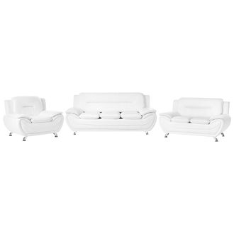 Beliani Conjunto De Sala De Estar Moderno 6 Plazas Piel Vegana Ecol&oacute;gica Acolchado Grueso Patas Plateadas Blanco Leira
