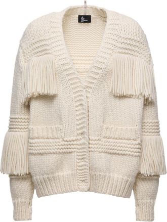 Moncler Fringe-trim Wool Blend V-neck Cardigan White Size XS
