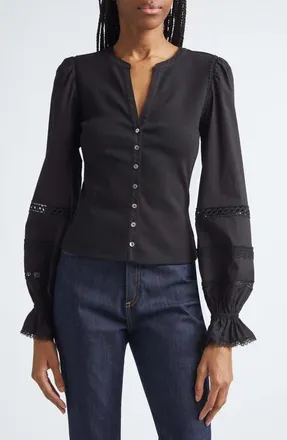 Cinq &agrave; Sept Ginny Lace Trim Puff Sleeve Top in Black/black at Nordstrom, Size X-Small