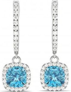 Allurez Cushion Lab Blue Topaz & Lab Diamond Halo Dangling Earrings 14k White Gold (3.00ct)