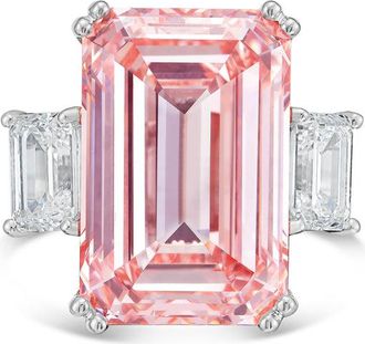 Diana M. Jewels Platinum Lab grown 12ct Fancy pink emerald diamond ring with emerald diamonds on the side and micropave band
