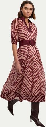 Karen Millen Printed 3/4 Sleeve Plunge Midi Dress in Stripe at Nordstrom, Size 12