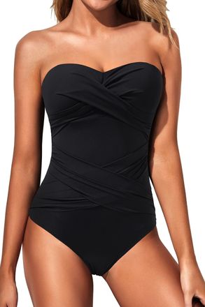 Holipick Women Strapless One Piece Swimsuits Tummy Control Bandeau Bathing Suits Retro Slimming Swimwear, Black, Large