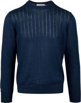 Gran Sasso Linnen en Katoenen Trui met Vlechten - Heren - Ronde hals truien - Blauw - 2XL - Katoen - Truien & Vesten