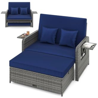 Costway Costway PE Wicker Daybed w/4-Level Backrest 2PCS Patio Rattan Furniture Set in Navy