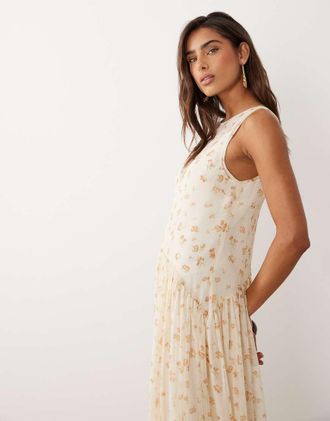 Asos Vestito grembiule lungo con scollo a vogatore blu e crema a fiori-Multi