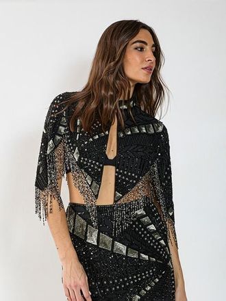 NASTY GAL Panelled Sequin Tassel Cape in Black at Nordstrom, Size Large