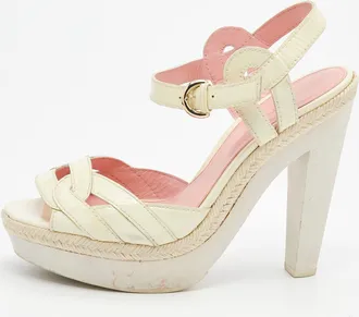 Sergio Rossi Cream Patent Leather Platform Espadrille Ankle Strap Sandals