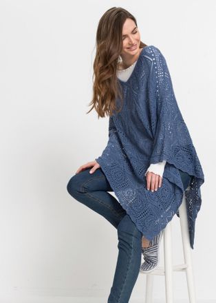 Bonprix Strickponcho BONPRIX Poncho, Damen, blau (jeansblau), Obermaterial: 50% Baumwolle, 50% Polyacryl, figurumspielend, Pullover Strickponcho, aus Baumwoll