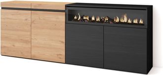 Skraut Home Aparador efecto madera roble y negro 200x35x75cm chimenea efecto fuego