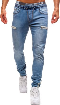 Generic JIER Mens Jogger Pants Sweatpants Elastic Waist Zipper Pockets Drawstring Denim Cotton Casual Sports Trousers (Light Blue,L)