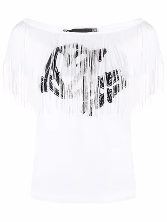 Love Moschino embroidered-logo fringed T-shirt - women - Spandex/Elastane/Cotton/Polyamide - 40 - White