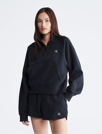 Calvin Klein Womens Archive Logo Fleece Quarter Zip Sweatshirt - Black - XXS