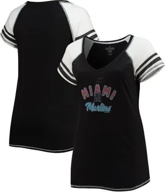 Soft As A Grape Womens Soft as a Grape Black Miami Marlins Curvy Colorblock Tri-Blend Raglan V-Neck T-Shirt at Nordstrom, Size 3X