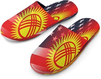 Generic Flag of Kyrgyzstan And U.S. Mens Flannel Slipper Soft Non Slip House Shoes Comfy Winter Warm Indoor Outdoor Slippers
