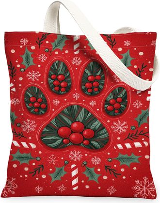 Generic Christmas Paw Print Canvas Tote Bags, Berry Leaf Pattern Reusable Bags, Vintage Lightweight Washable Shoulder Strap Canvas for Outdoor Travel 13x15 In