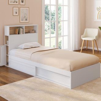 IDMarket Cama Individual Clem Con Almacenaje, Cabecero Y Somier De 90 X 190 Cm Blanco Y Haya