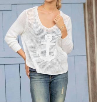 Wooden Ships Crochet Anchor 3/4 Sleeve Top In Breaker White