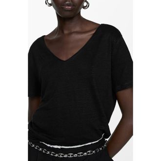 Mango V-Neck Linen T-Shirt in Black at Nordstrom, Size Small