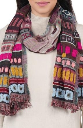 Vismaya Embroidered Cotton & Wool Fringe Scarf in Wine at Nordstrom Rack