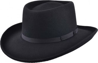 Maz Accessoires Mens Black Vintage 100% Wool Felt Crushable Gambler Cowboy Hat Curved Wide Brim with Ribbon