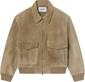 A Gold E Cropped Boxy Suede Bomber Jacket with Classic Collar