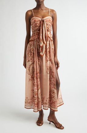 Zimmermann Aster Paisley Scarf Tie Silk Midi Dress in Pink Paisley Floral at Nordstrom, Size 1