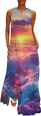 Generic Sunset Over The Ocean Maxi Dresses for Women with Pockets Sleeveless Long Dress V-Neck Sundress