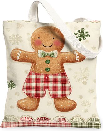 Generic Gingerbread Canvas Tote Bags, Holiday Pattern Reusable Grocery Bags, Vintage Lightweight Washable Shoulder Strap Canvas for, Cream, 13x15 Inch