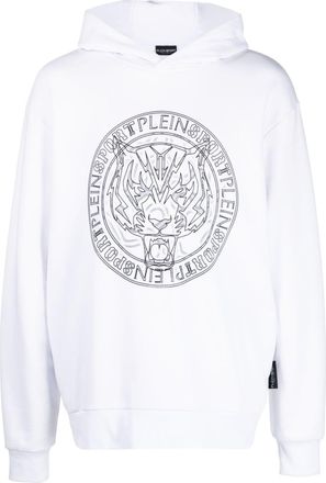 Plein Sport logo tiger-print hoodie - men - Polyester - XXXL - White