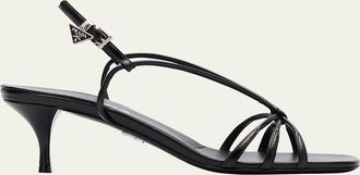 Prada Capretto Strappy Leather Sandals with Triangle Logo Charm