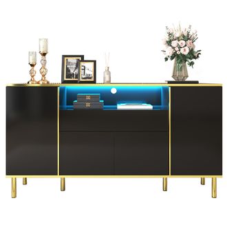 STILVORA Aparador Con 4 Puertas, 1 Caj&oacute;n Y Led, Negro Brillo Con Detalles Dorados, En Mdf, 150&times;40&times;80 Cm